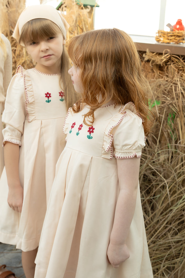 dress pleated embroidered flutter - peach