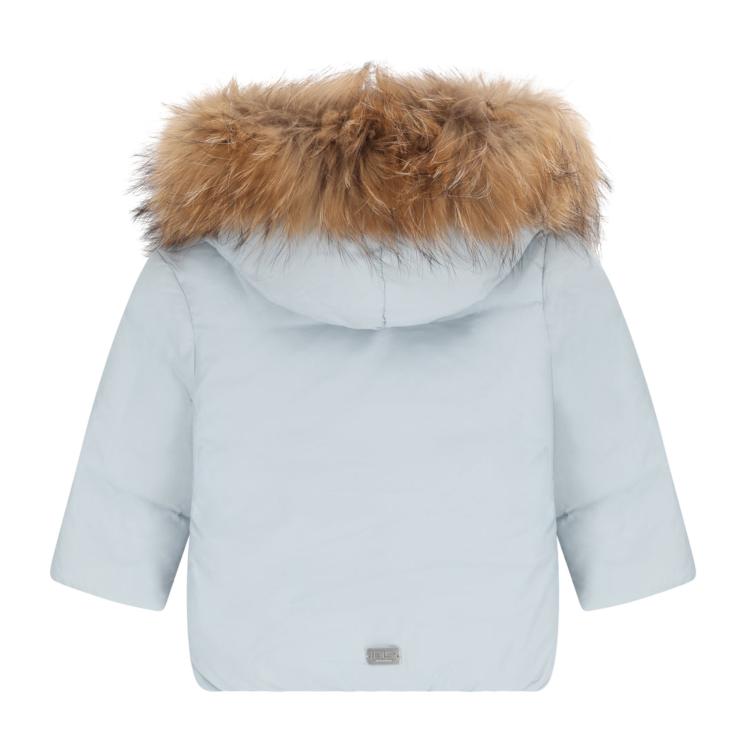 coat wrap puffer with fur hood - baby blue