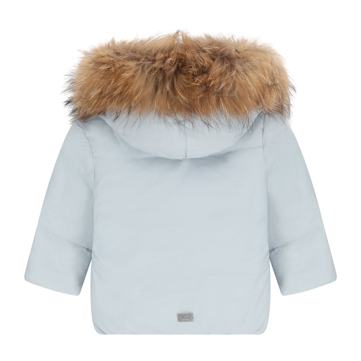 coat wrap puffer with fur hood - baby blue
