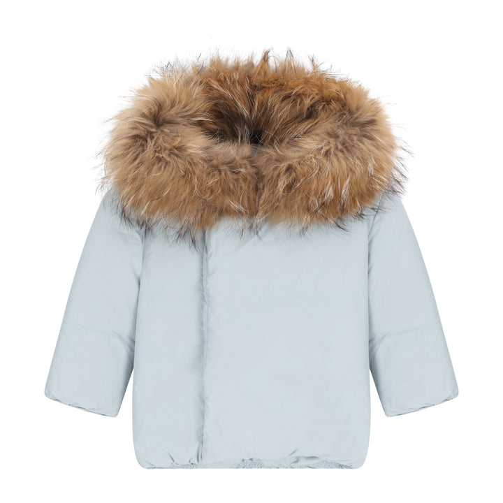 coat wrap puffer with fur hood - baby blue