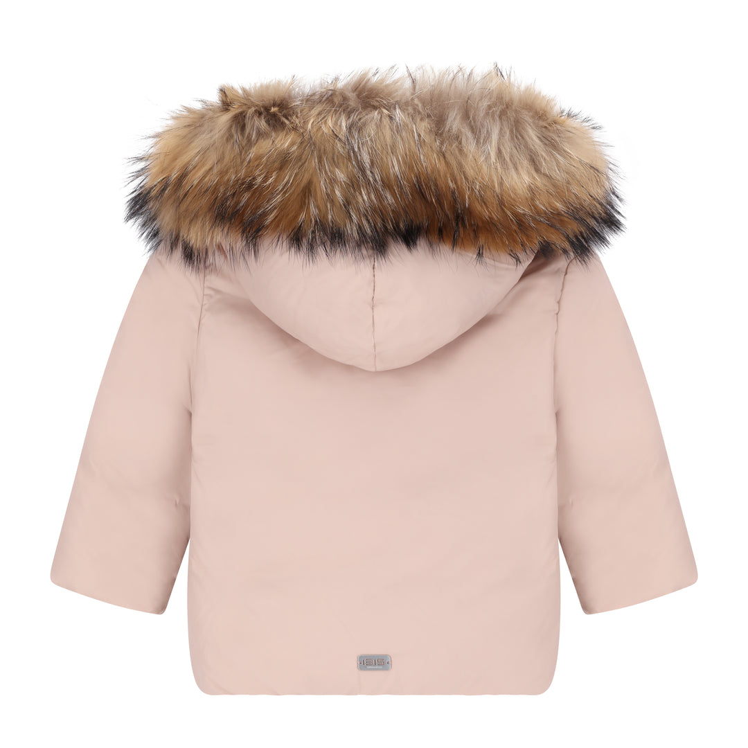 coat wrap puffer with fur hood - baby pink