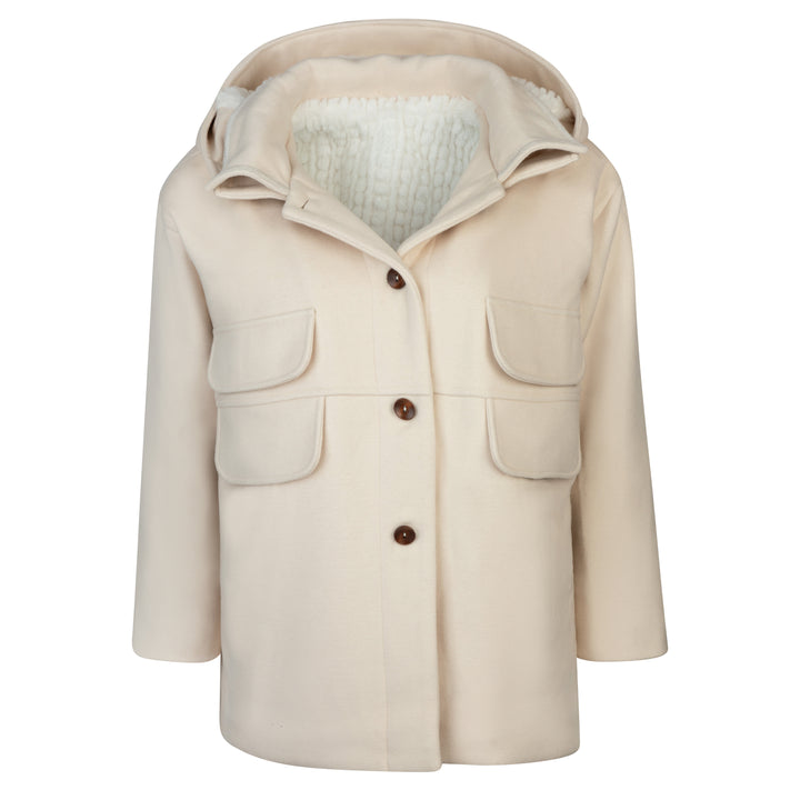 coat dressy wool double mock pockets with hood - cream