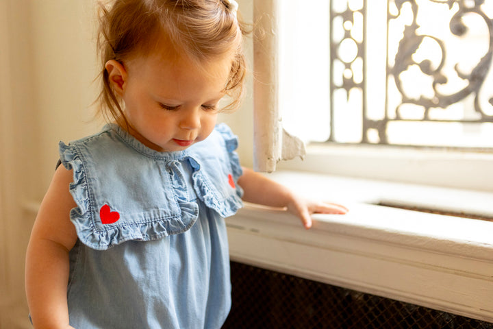 one piece ruffle heart collared romper - chambray