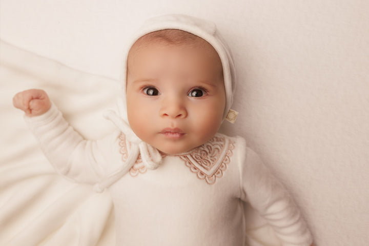 footie velour lace embroidered collar with bonnet - warm white/pink