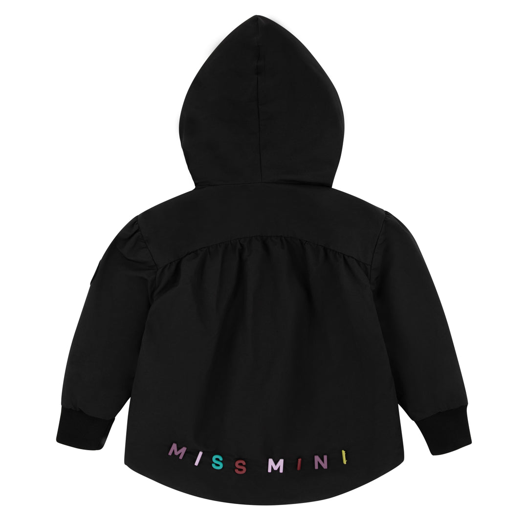 jacket piped zipper logo on back with hood - black