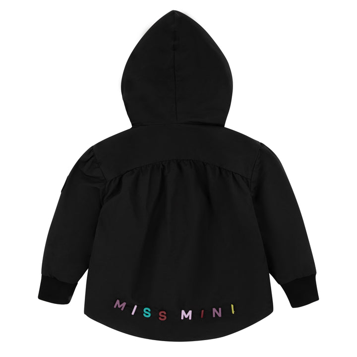 jacket piped zipper logo on back with hood - black