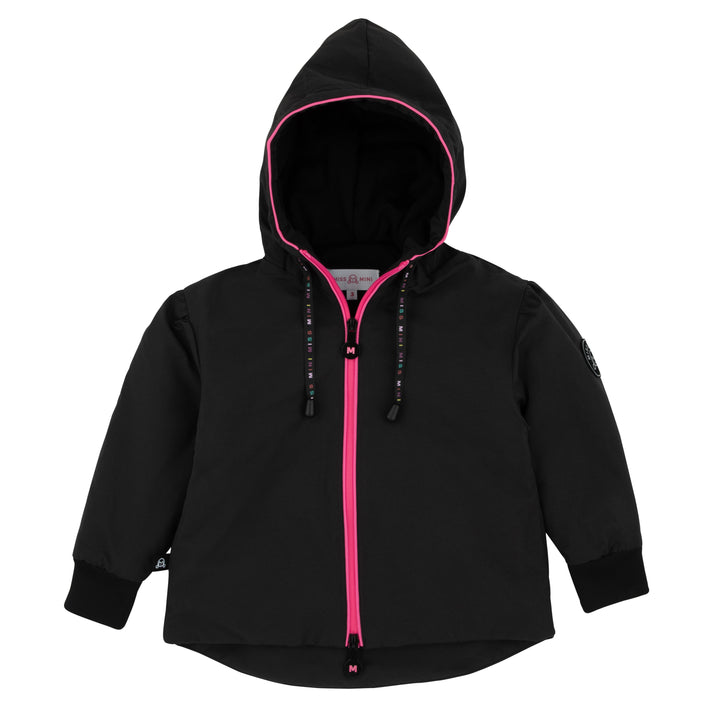 jacket piped zipper logo on back with hood - black