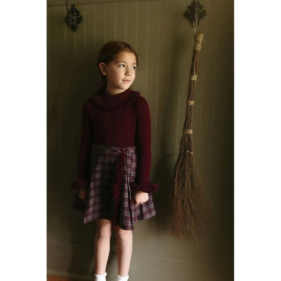 top l/s knit fringe turtleneck - wine