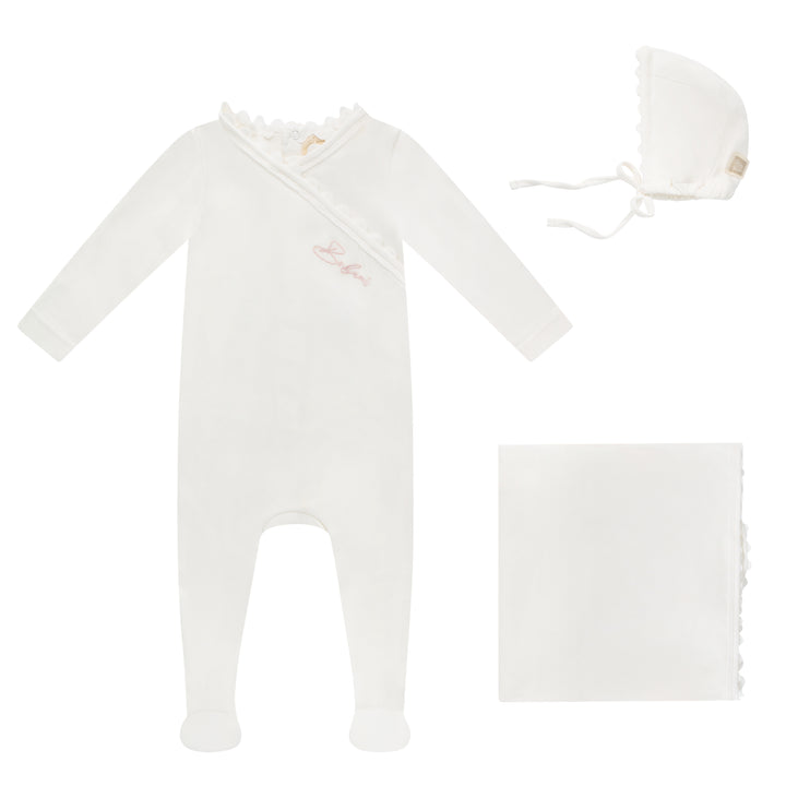 set footie crochet trim wrap with bonnet and blanket - white