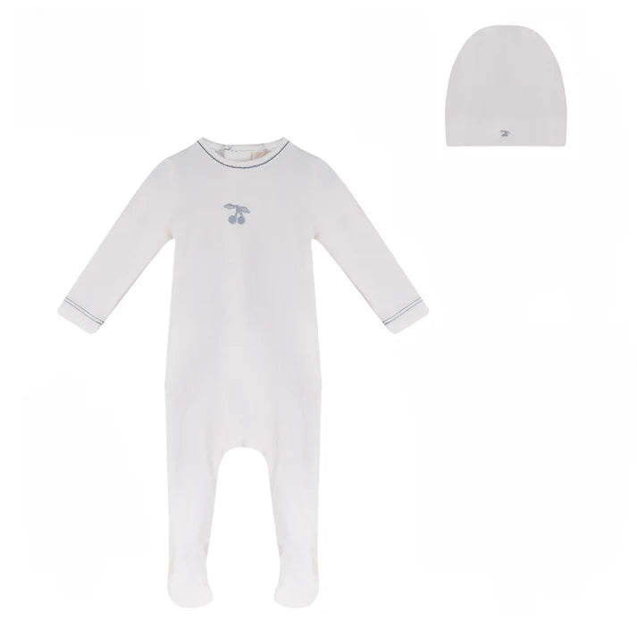 footie pointelle cherry with bonnet - white/blue