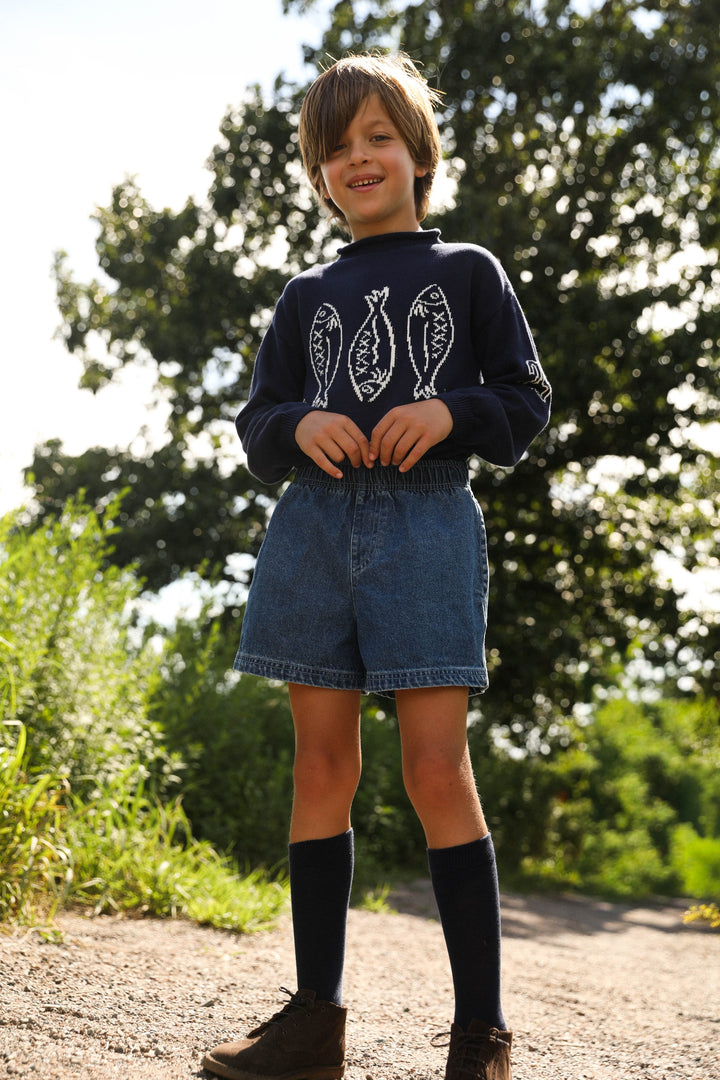 top l/s knit fish mockneck sweater - navy
