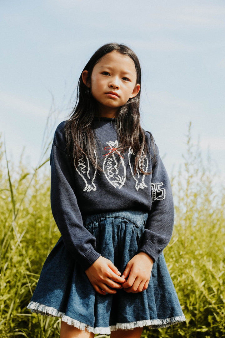 top l/s knit bow fish mockneck sweater - navy