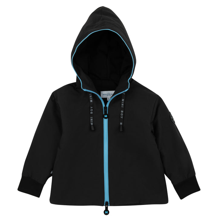 jacket piped zipper logo on back with hood - black