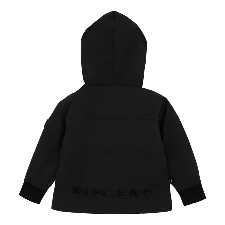 jacket piped zipper logo on back with hood - black