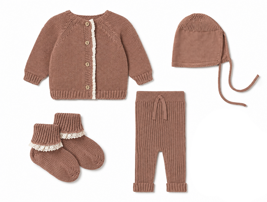 set knit knit cardigan and leggings with bonnet and socks - bloom