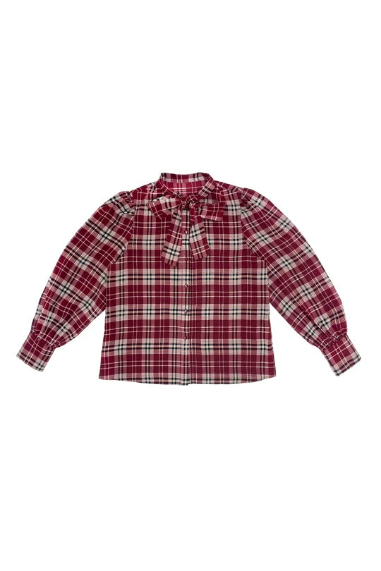 shirt l/s plaid button down with neck bow - wine