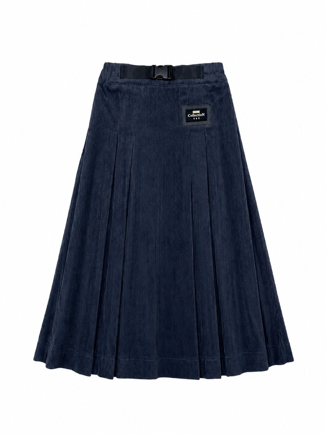 skirt midi corduroy pleated with waist buckle - navy