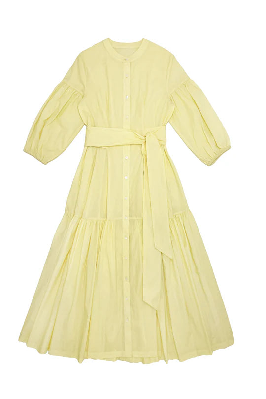 dress betty midi button down with belt and bubble sleeve - yellow
