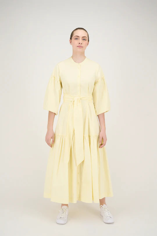 dress betty midi button down with belt and bubble sleeve - yellow