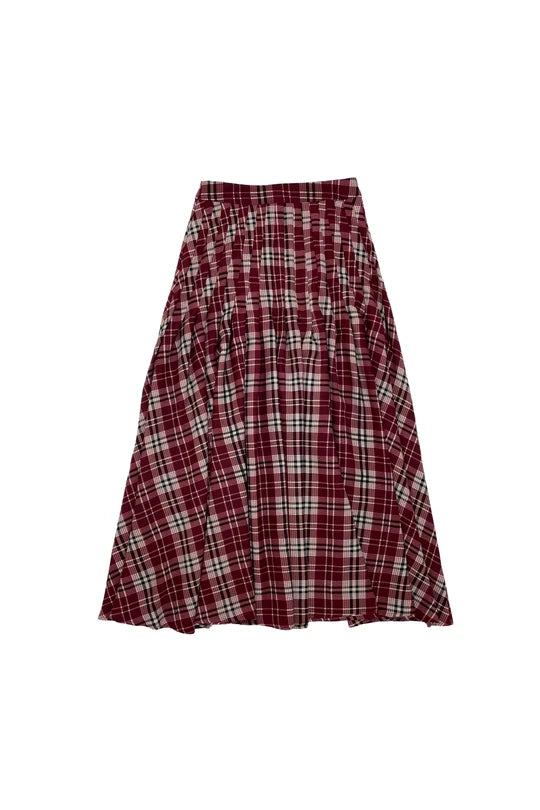 skirt midi tucked plaid - wine