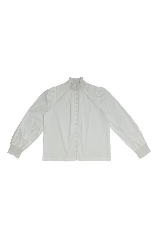 shirt l/s smocked up neck with buttons - white