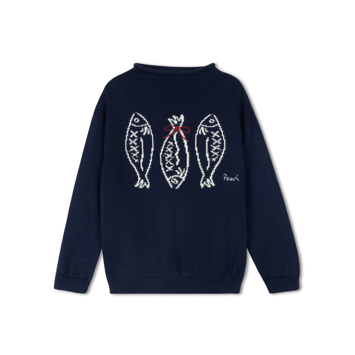 top l/s knit bow fish mockneck sweater - navy
