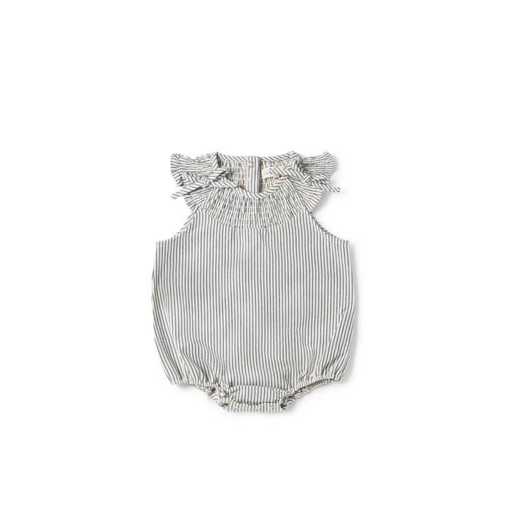 one piece stripe rouched bow romper - blue/white denim