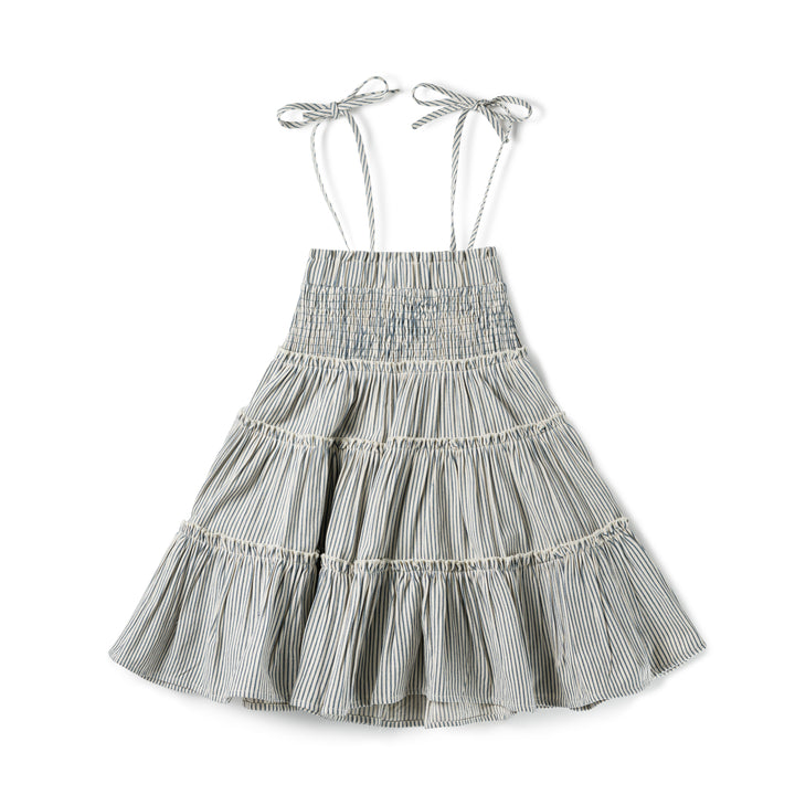 dress tiered stripe bow strap jumper - blue/white denim