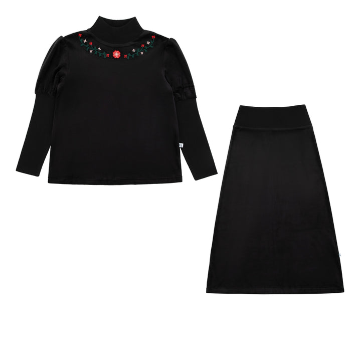 maxi dress two piece velour embroidered turtleneck and skirt - black