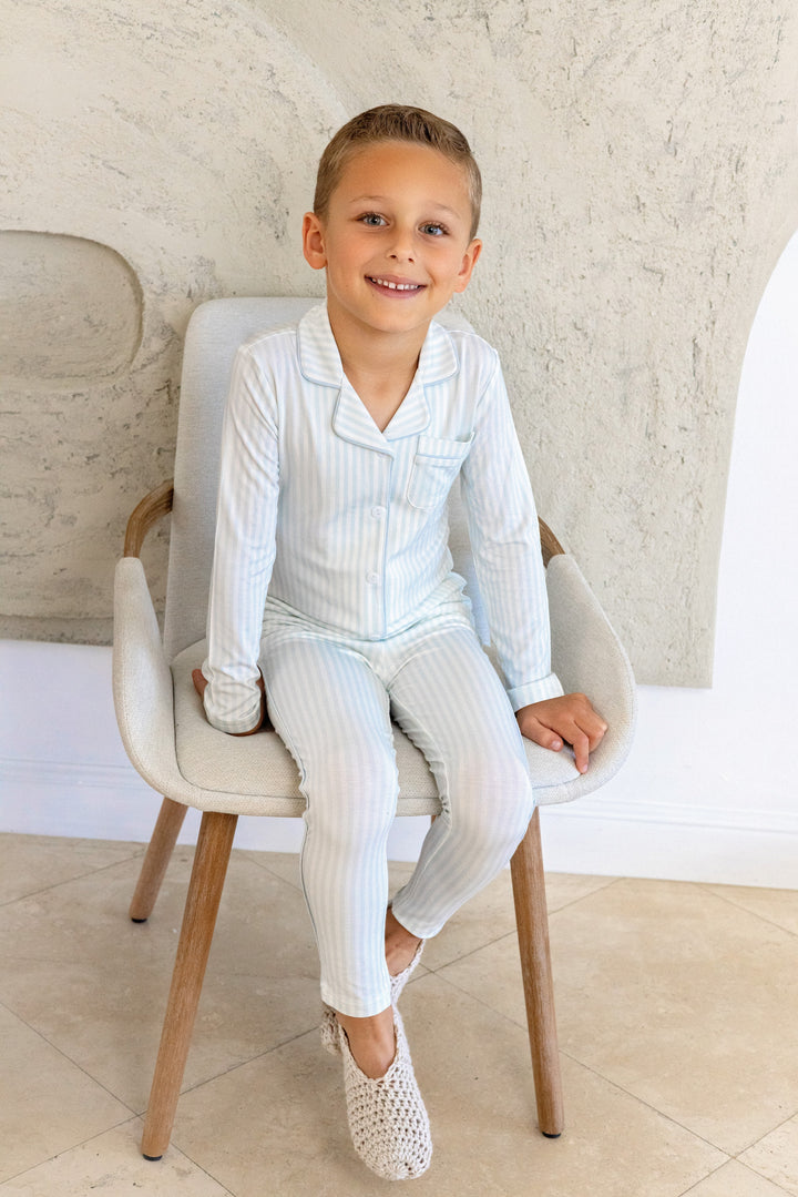 pajamas striped grandpa shirt and pants - blue/whte stripe-170