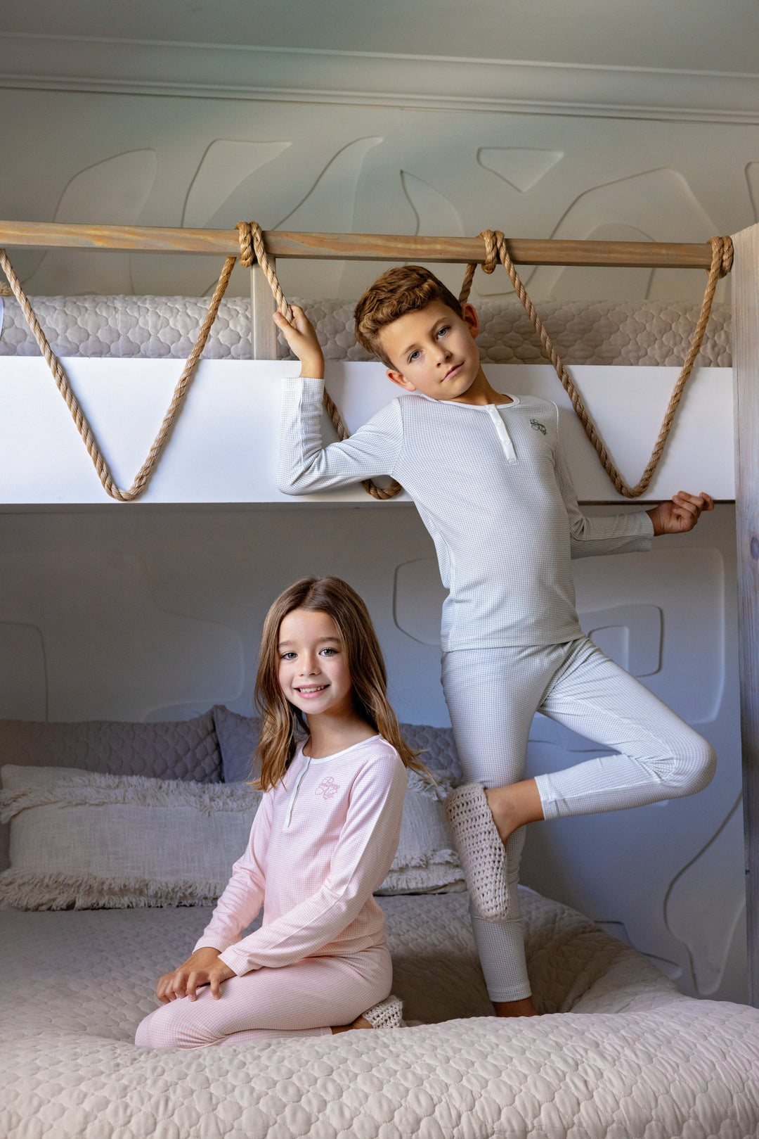 pajamas gingham henley top and pants - pink print-145