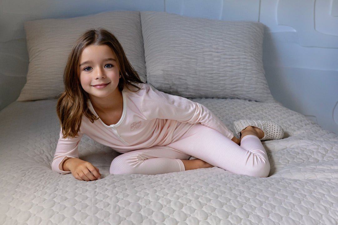 pajamas gingham henley top and pants - pink print-145