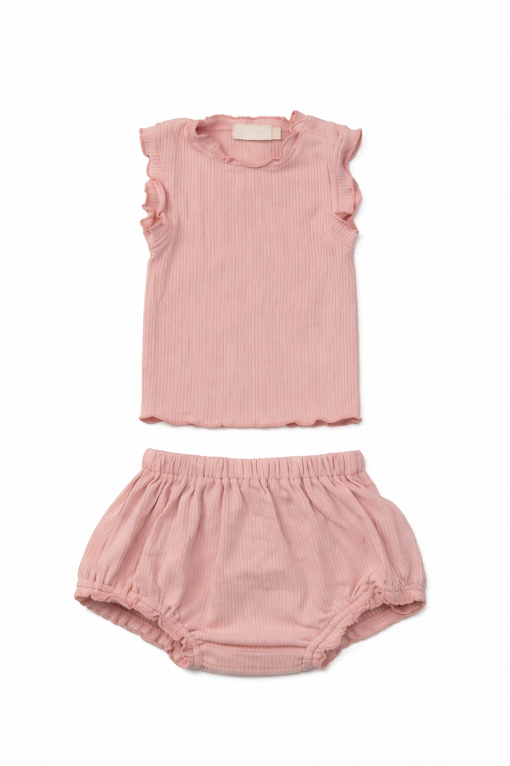 set outfit scalloped edge ribbed tank and bloomer - blush-502