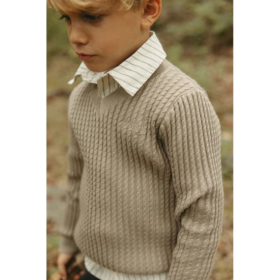 top l/s cable v neck sweater - taupe
