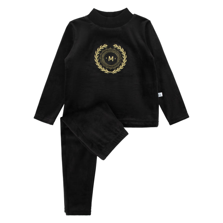 set outfit velour emblem shirt and pants -black