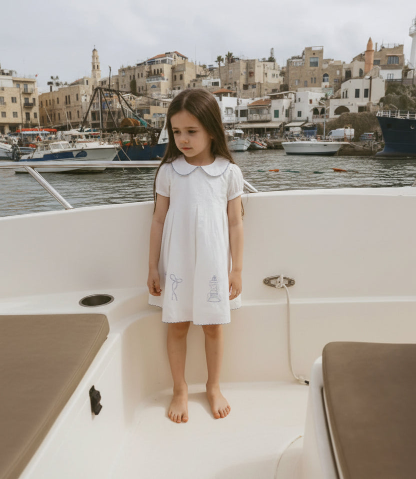 dress s/s embroidered wide pleated - white