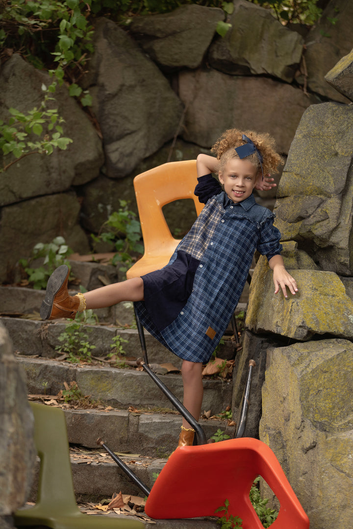 dress denim plaid shirt style - navy-3