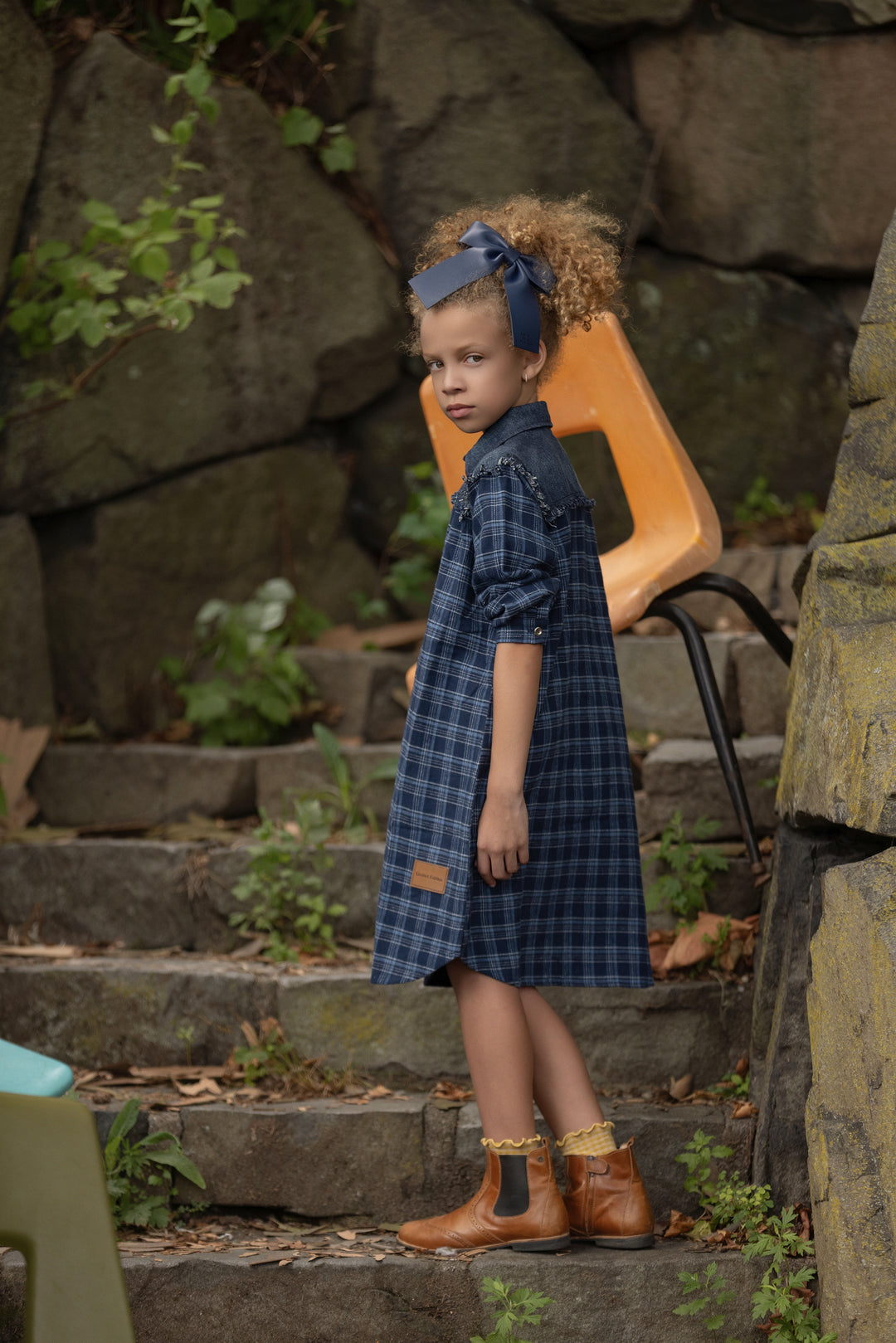 dress denim plaid shirt style - navy-3