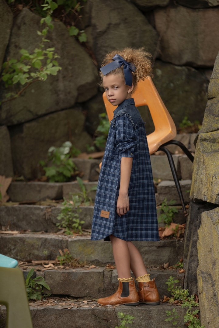 dress denim plaid shirt style - navy-3