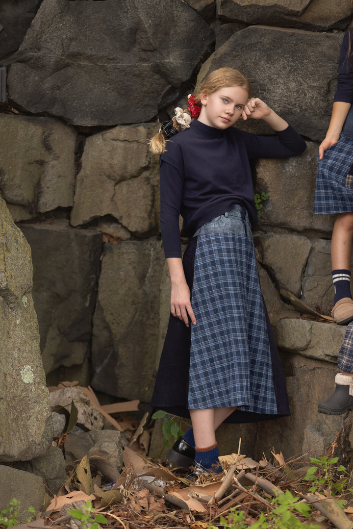 skirt midi denim plaid - navy-3