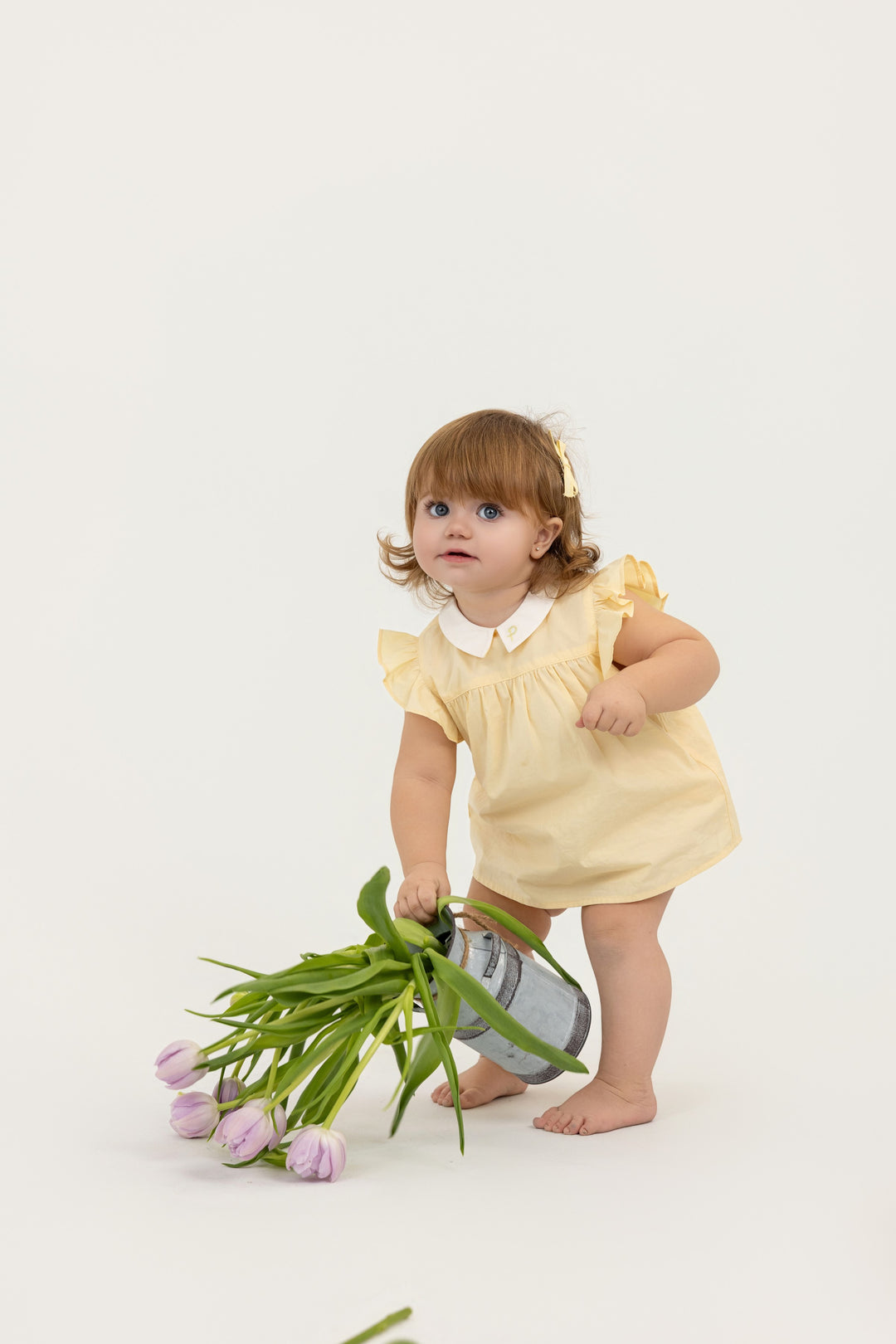 pintuck romper with collar - yellow
