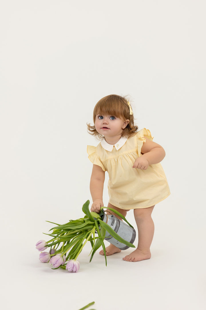 pintuck romper with collar - yellow
