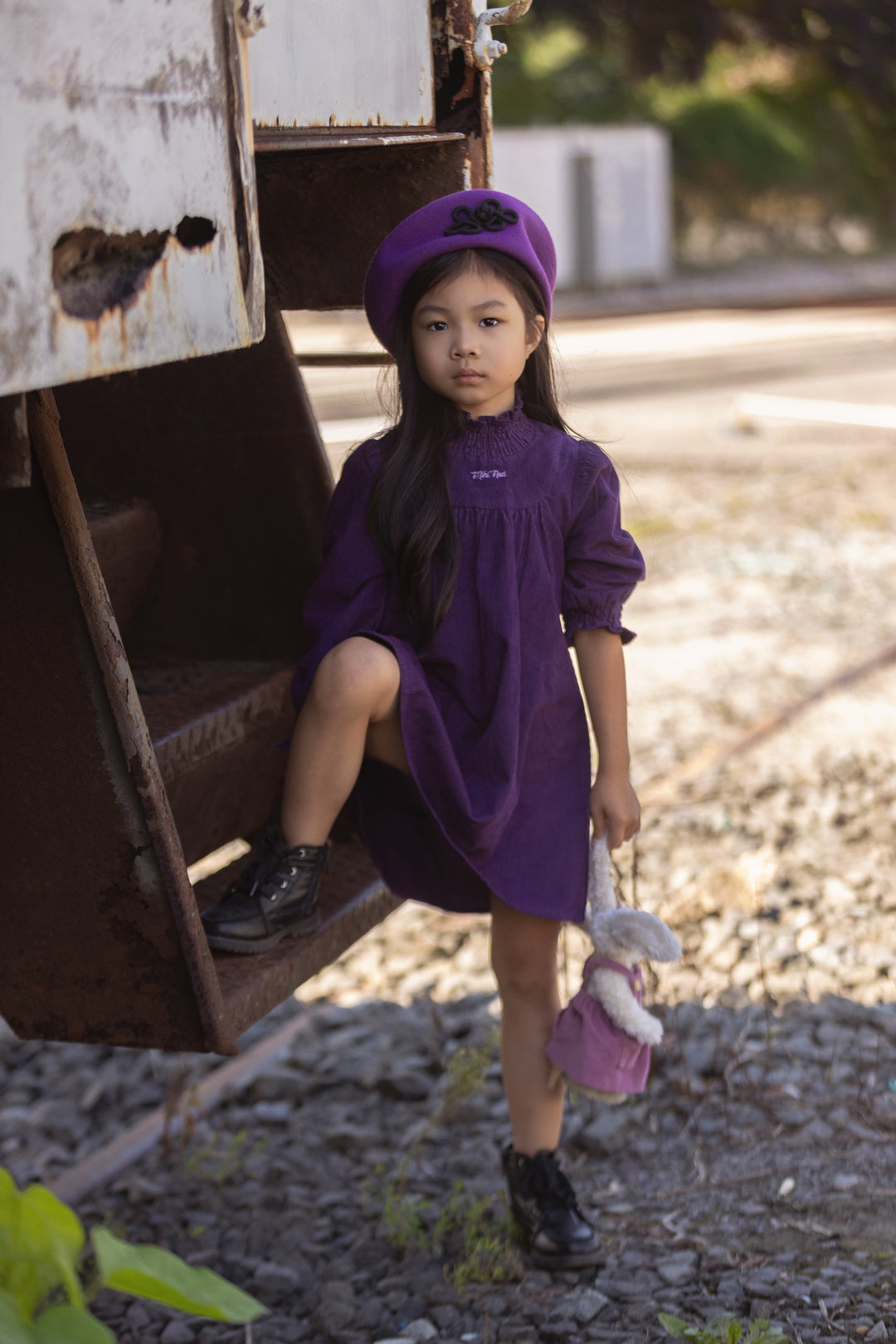 dress smocked upneck courduroy - purple