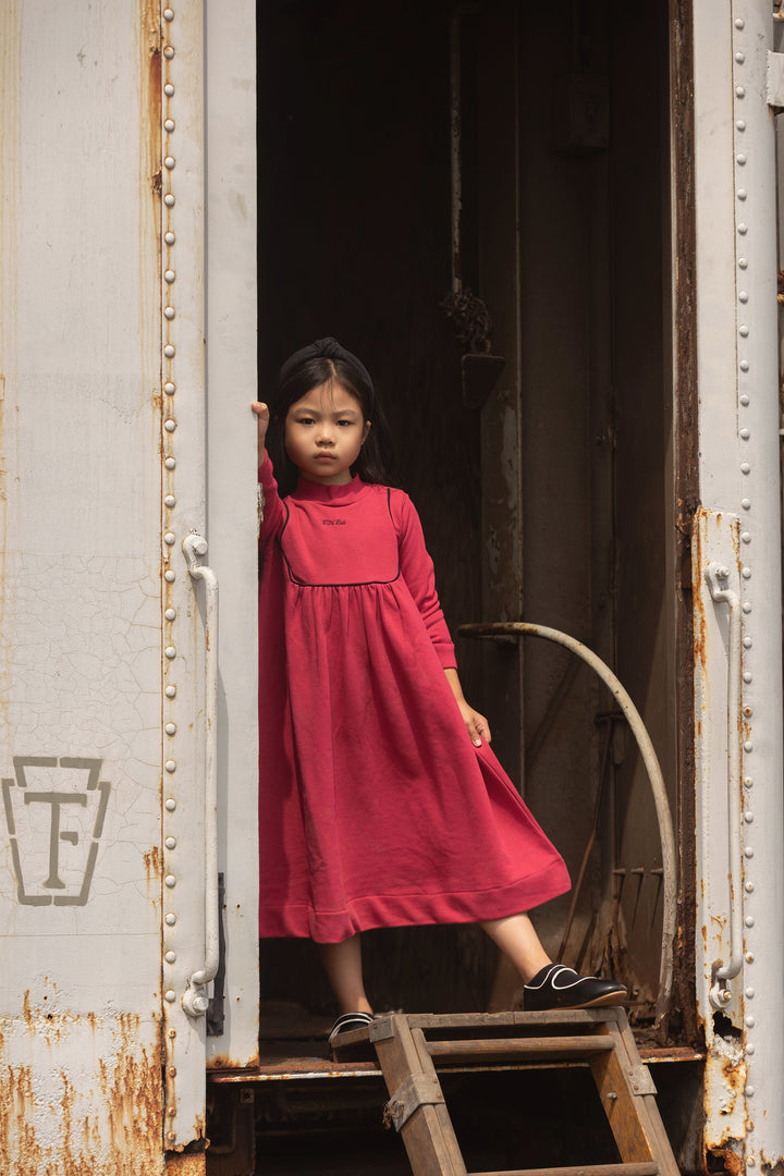 maxi dress up neck piping - maroon