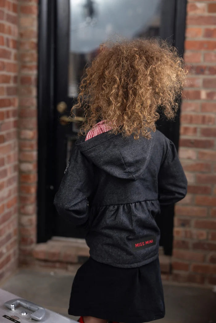 jacket denim sintched zip up with hood - black denim