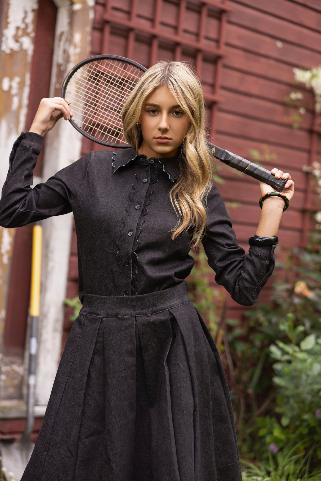 set outfit scalloped edge shirt with skirt - black denim