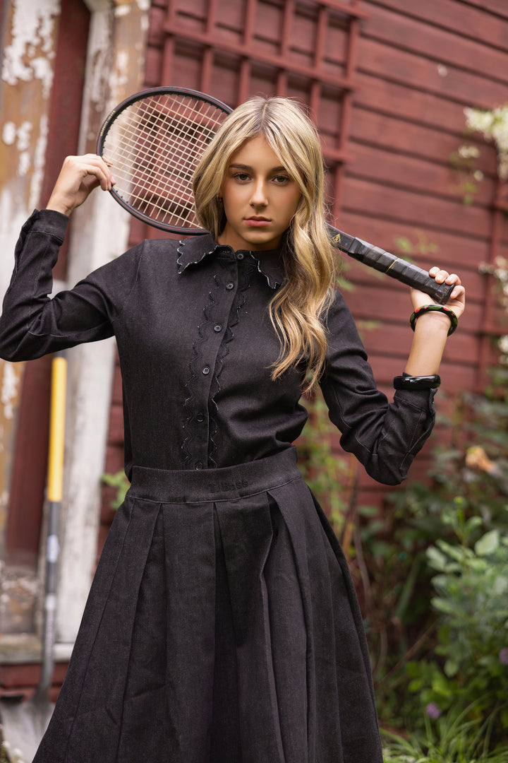set outfit scalloped edge shirt with skirt - black denim