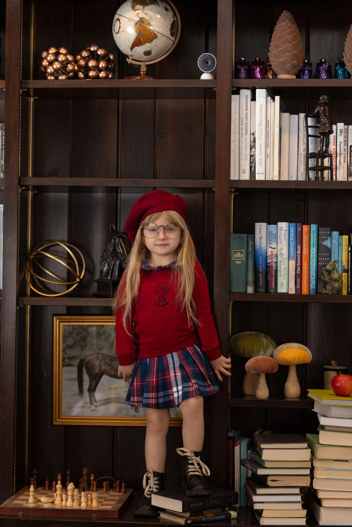 dress plaid pleated with collared sweatshirt - red