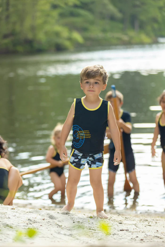 swim set postcard contrast trim tank and shorts - black