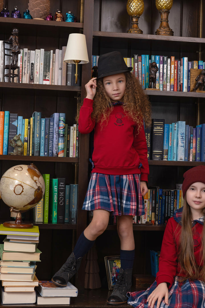set outfit plaid pals skirt with sweater - red